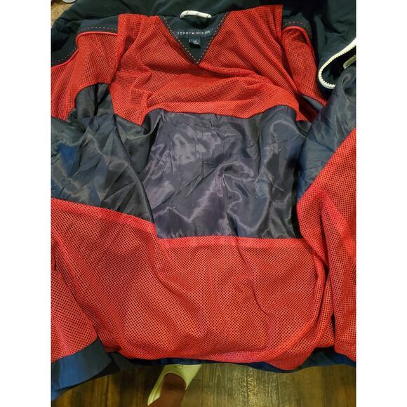 Tommy Hilfiger Womens Windbreaker Jacket Hooded Full Zip Drawstring Navy Sz L - Picture 7 of 8